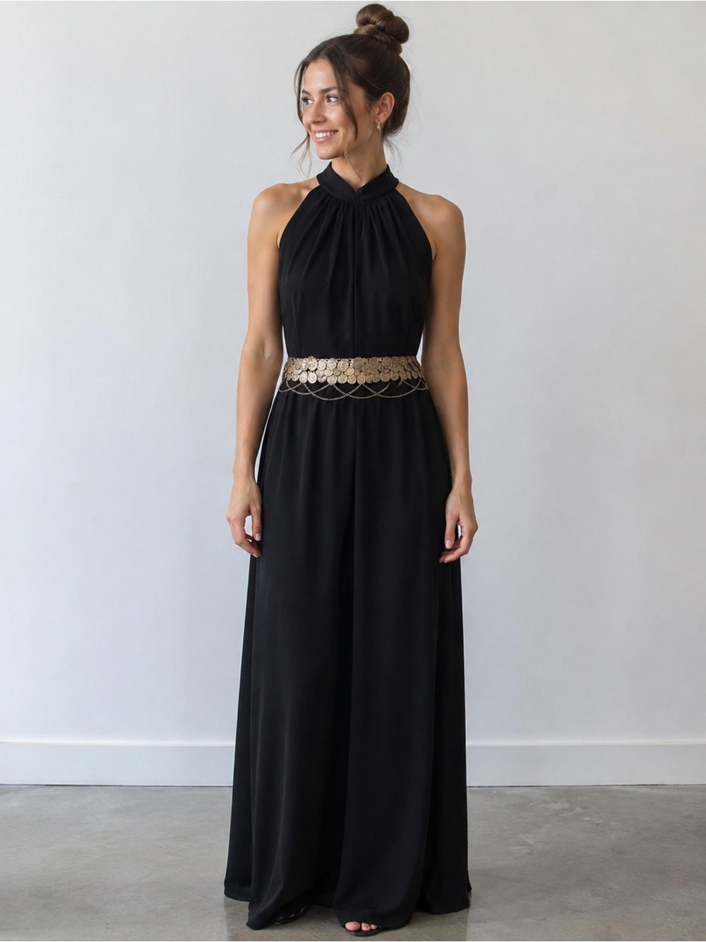 Vintage 70s Black Halter Maxi Dress Pleated Bust Evening Cocktail Dress Elegant